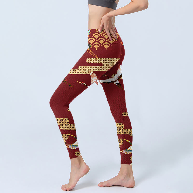 Buddha Stones Red Crowned Crane Cloud Pattern Print Gym Leggings Women's Yoga Pants - image 2