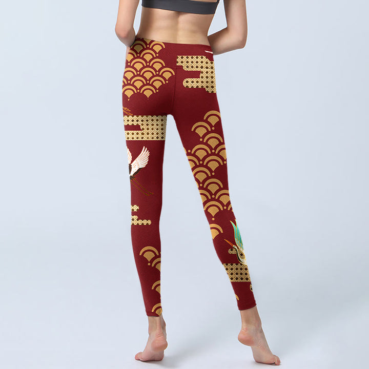 Buddha Stones Red Crowned Crane Cloud Pattern Print Gym Leggings Women's Yoga Pants - image 7