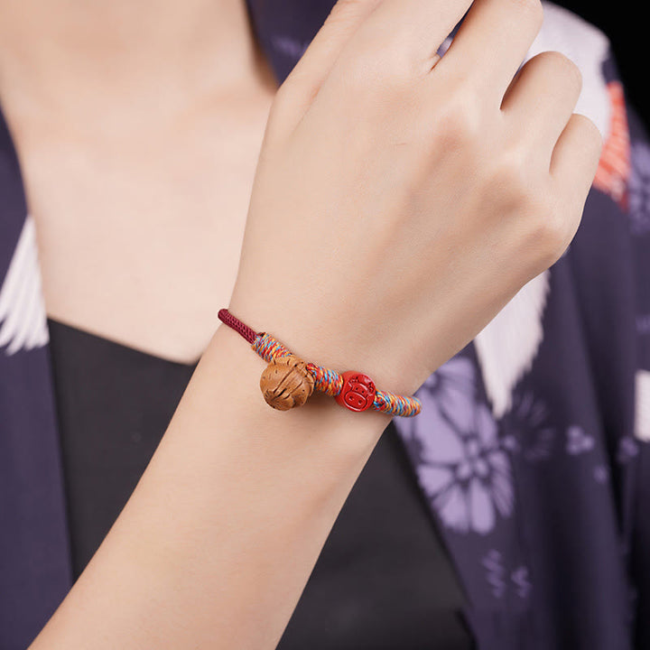 Buddha Stones Handmade Chinese Zodiac Red String Peach Pit Cinnabar Luck Bracelet