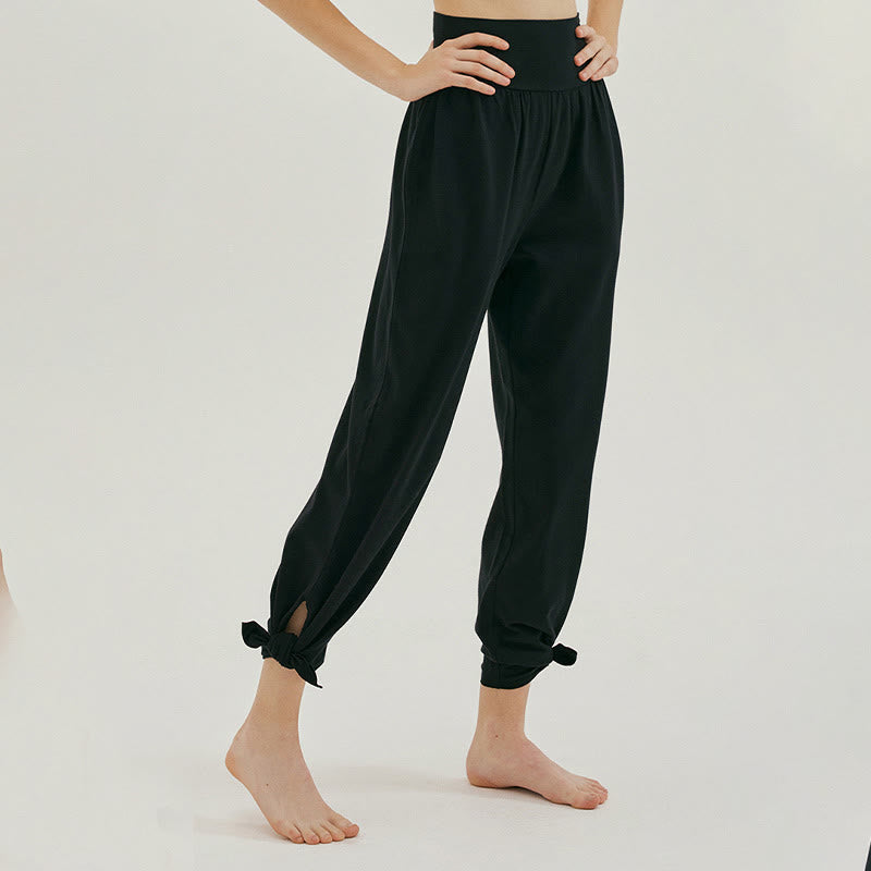 Buddha Stones Casual Loose Tie-down Hem Plain High Waist Women's Leica Pants With Pockets - image 15