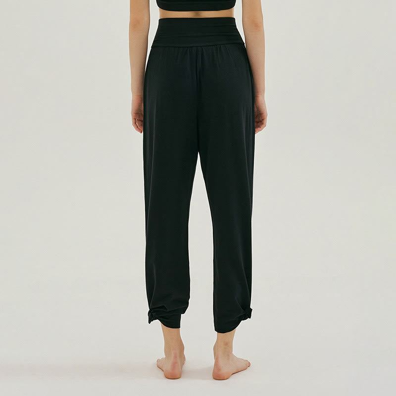 Buddha Stones Casual Loose Tie-down Hem Plain High Waist Women's Leica Pants With Pockets - image 10