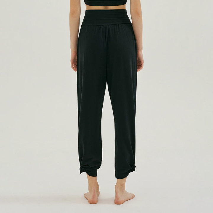 Buddha Stones Casual Loose Tie-down Hem Plain High Waist Women's Leica Pants With Pockets - image 10