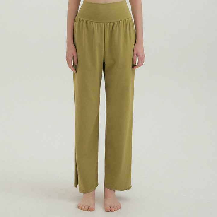 Buddha Stones Casual Loose Tie-down Hem Plain High Waist Women's Leica Pants With Pockets