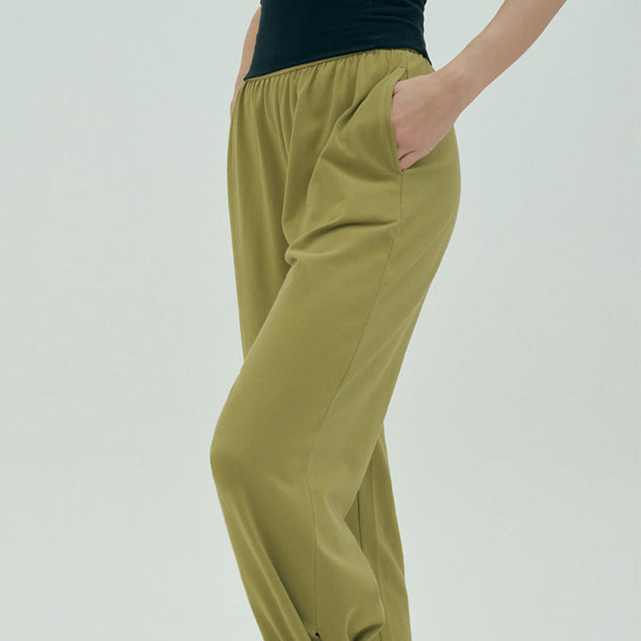 Buddha Stones Casual Loose Tie-down Hem Plain High Waist Women's Leica Pants With Pockets - image 44