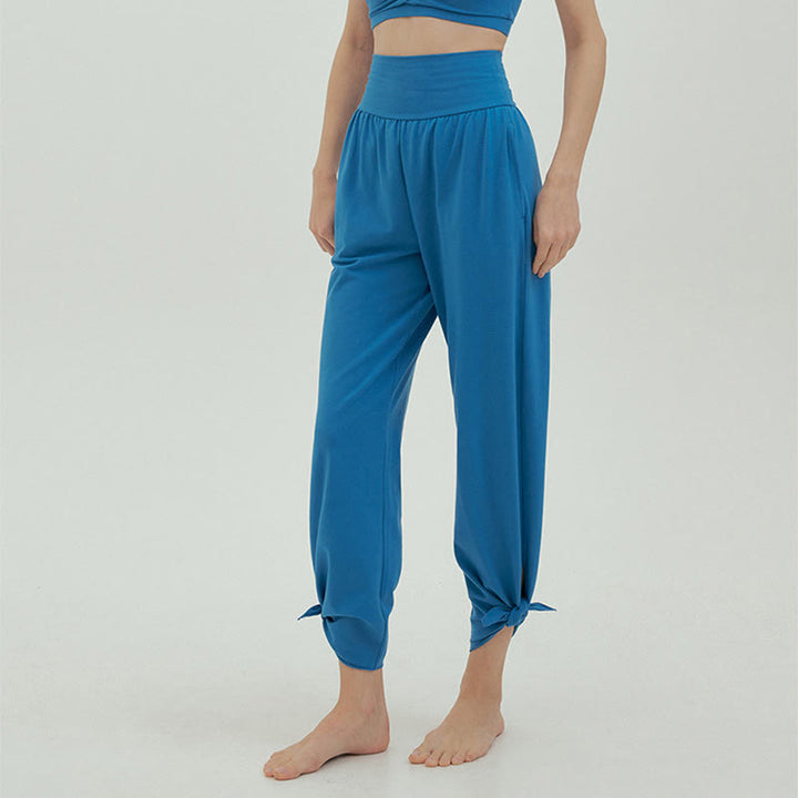 Buddha Stones Casual Loose Tie-down Hem Plain High Waist Women's Leica Pants With Pockets - image 49