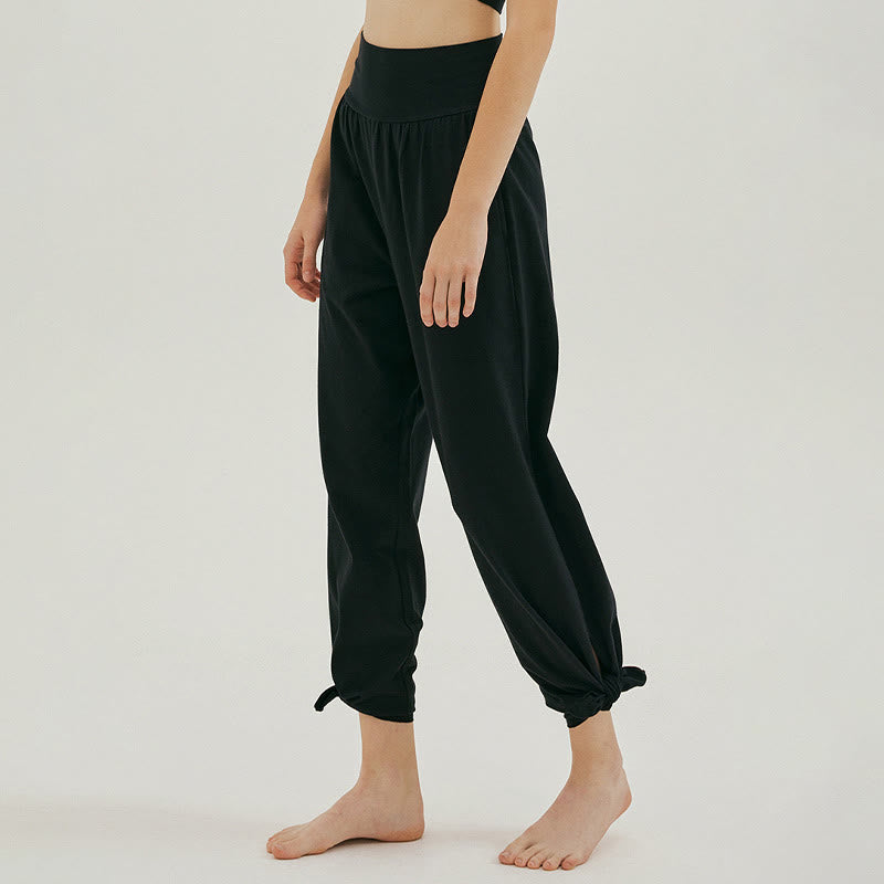 Buddha Stones Casual Loose Tie-down Hem Plain High Waist Women's Leica Pants With Pockets - image 13