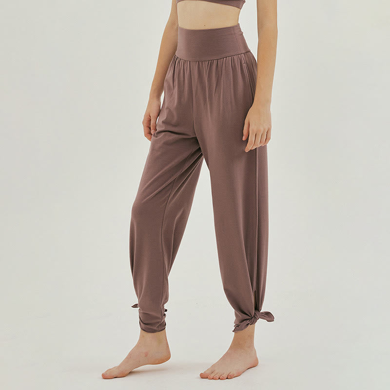 Buddha Stones Casual Loose Tie-down Hem Plain High Waist Women's Leica Pants With Pockets - image 31