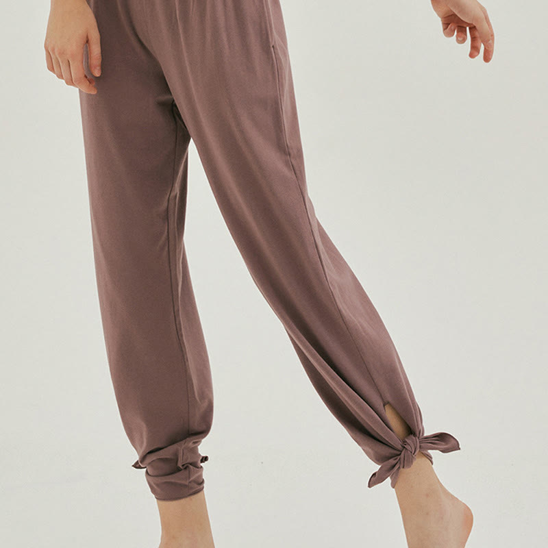 Buddha Stones Casual Loose Tie-down Hem Plain High Waist Women's Leica Pants With Pockets - image 32
