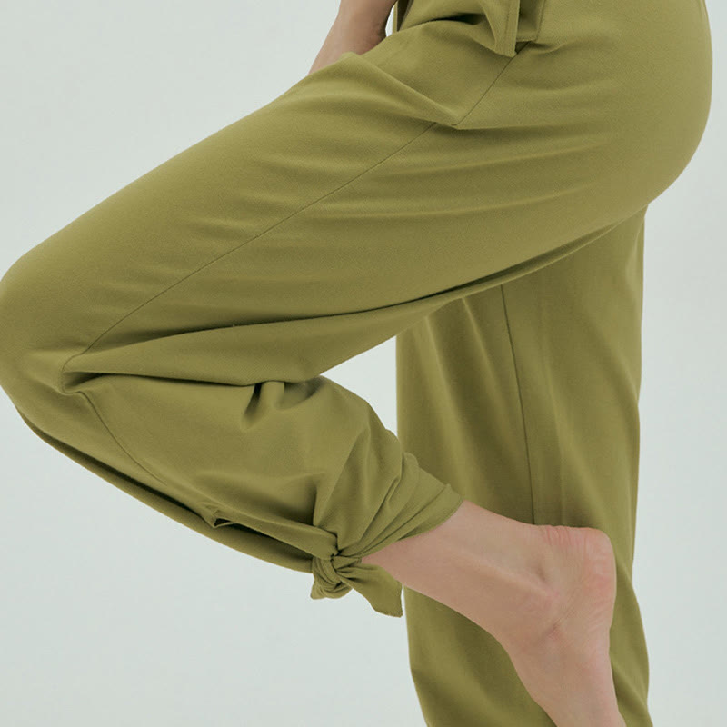 Buddha Stones Casual Loose Tie-down Hem Plain High Waist Women's Leica Pants With Pockets