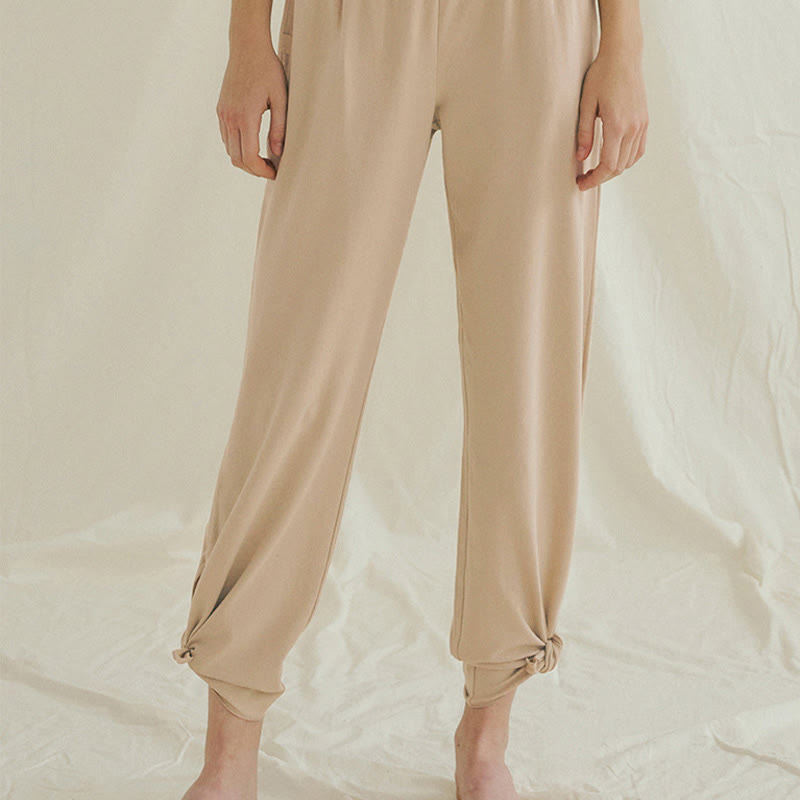 Buddha Stones Casual Loose Tie-down Hem Plain High Waist Women's Leica Pants With Pockets - image 23