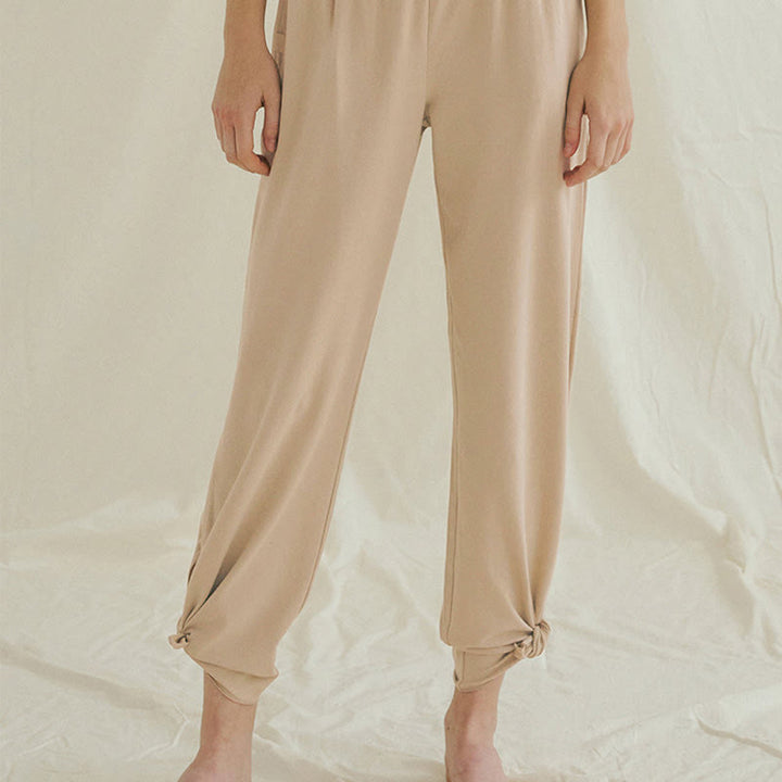 Buddha Stones Casual Loose Tie-down Hem Plain High Waist Women's Leica Pants With Pockets - image 23
