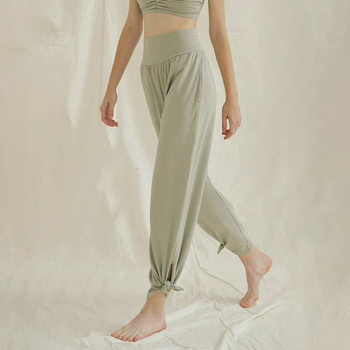 Buddha Stones Casual Loose Tie-down Hem Plain High Waist Women's Leica Pants With Pockets - image 3