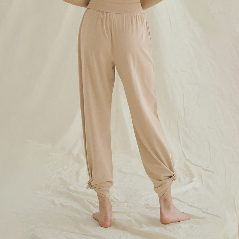 Buddha Stones Casual Loose Tie-down Hem Plain High Waist Women's Leica Pants With Pockets - image 20