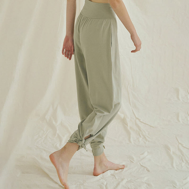 Buddha Stones Casual Loose Tie-down Hem Plain High Waist Women's Leica Pants With Pockets - image 5