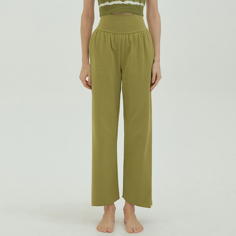 Buddha Stones Casual Loose Tie-down Hem Plain High Waist Women's Leica Pants With Pockets - image 43