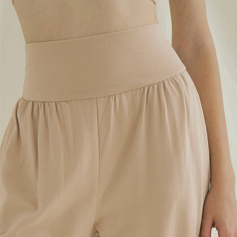 Buddha Stones Casual Loose Tie-down Hem Plain High Waist Women's Leica Pants With Pockets - image 26