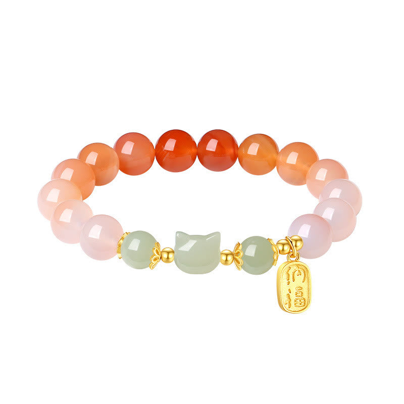 Buddha Stones 925 Sterling Silver Red Agate Hetian Jade Cat Fu Character Confidence Bracelet - image 11