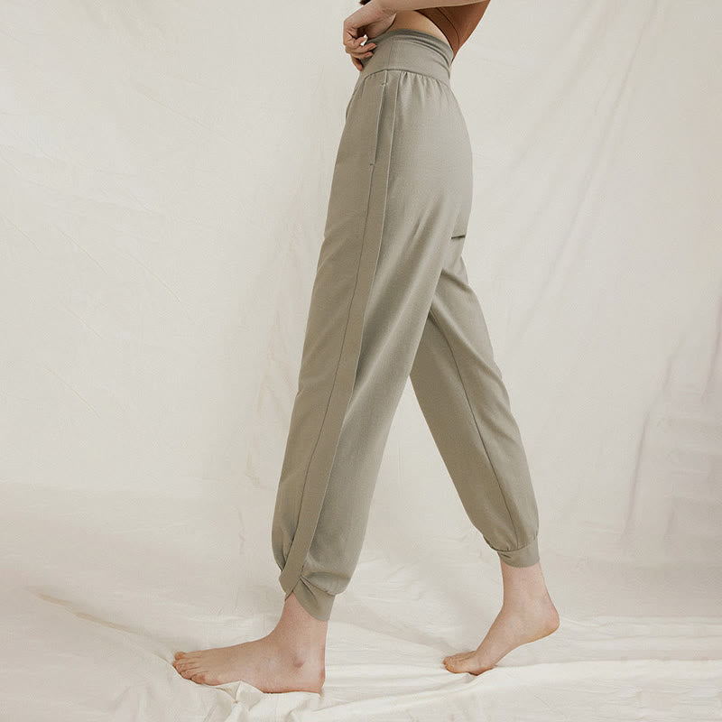 Buddha Stones Casual Plain High Waist Side Fold Quick Drying Women's Cotton Pants With Pockets - image 8