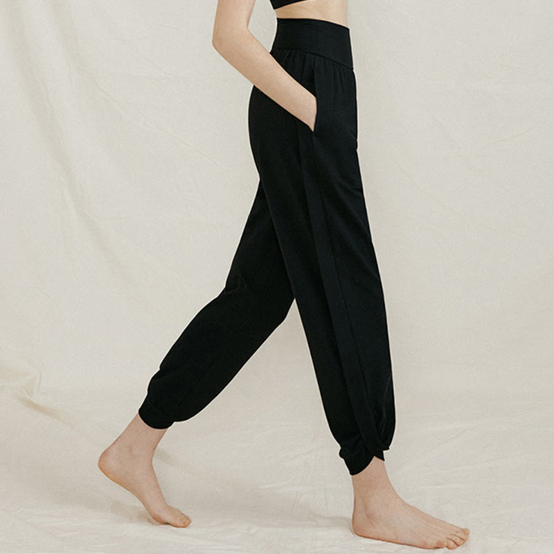 Buddha Stones Casual Plain High Waist Side Fold Quick Drying Women's Cotton Pants With Pockets