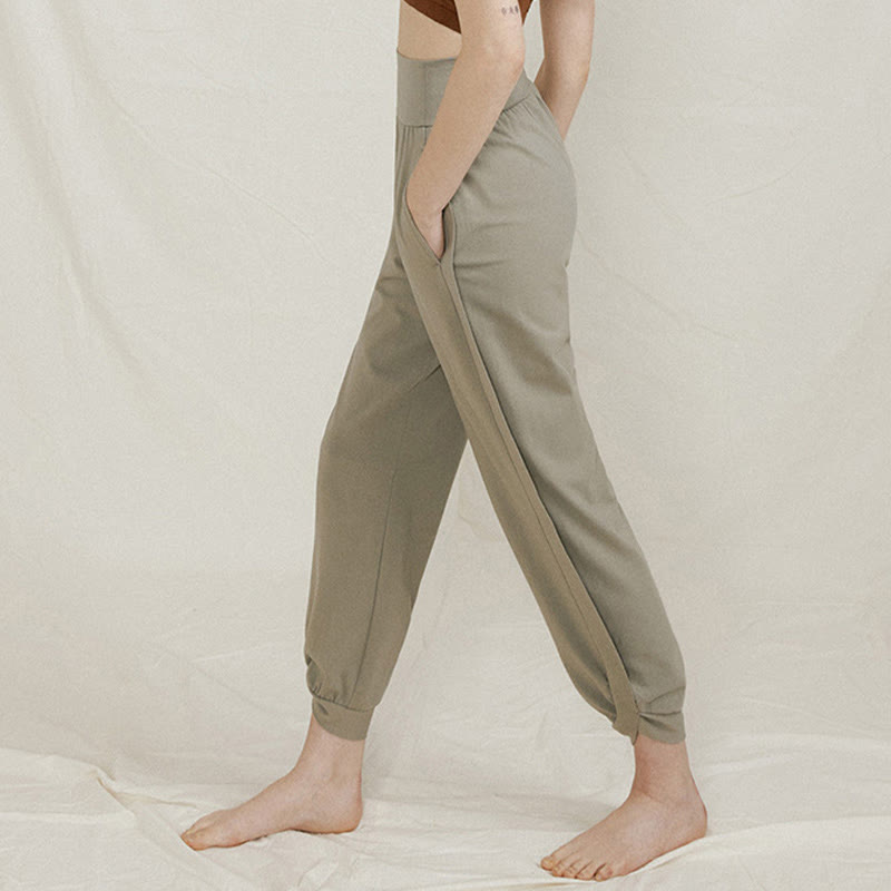 Buddha Stones Casual Plain High Waist Side Fold Quick Drying Women's Cotton Pants With Pockets - image 12