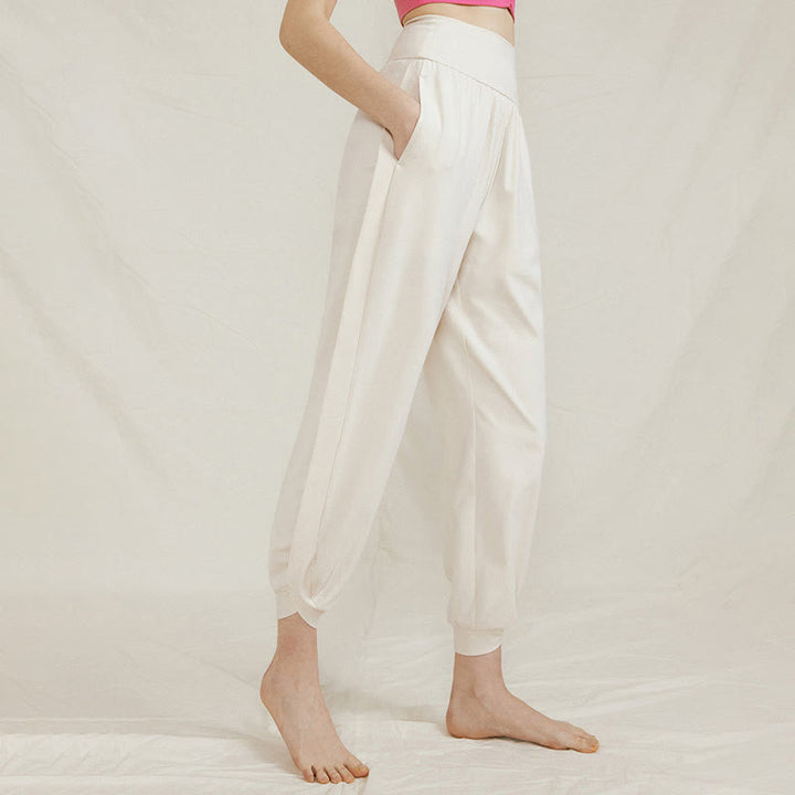 Buddha Stones Casual Plain High Waist Side Fold Quick Drying Women's Cotton Pants With Pockets - Ivory - US4，UK/AU8，EU36 (L) - image 1