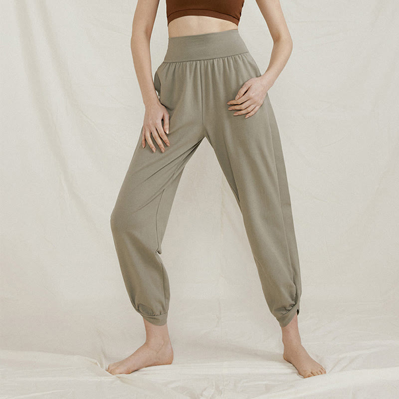 Buddha Stones Casual Plain High Waist Side Fold Quick Drying Women's Cotton Pants With Pockets - DarkSeaGreen - US4，UK/AU8，EU36 (L) - image 6