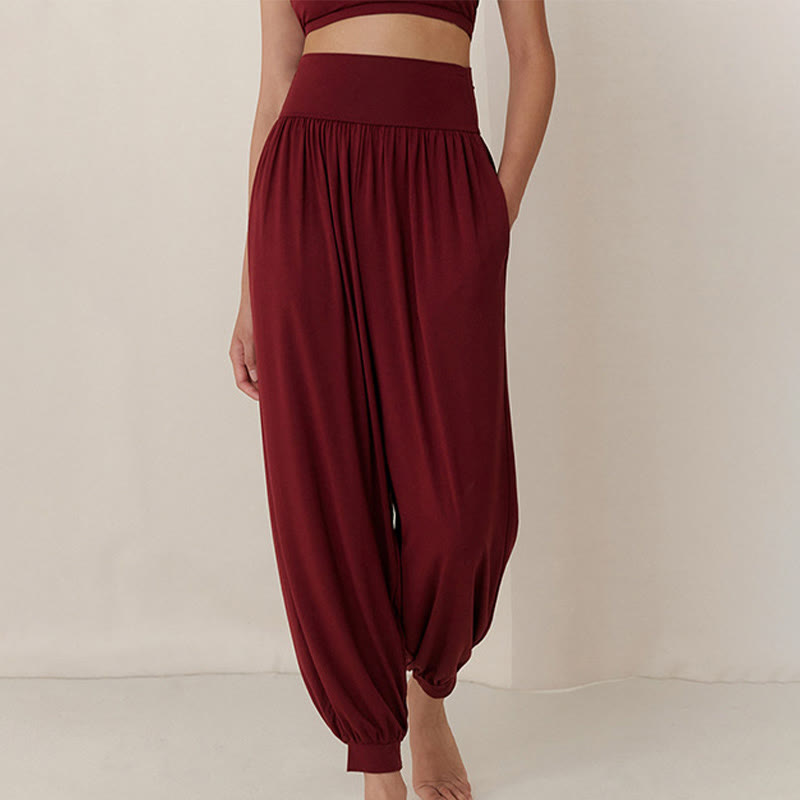 Buddha Stones Casual Plain High Waist Tummy Control Women's Leica Harem Pants With Pockets