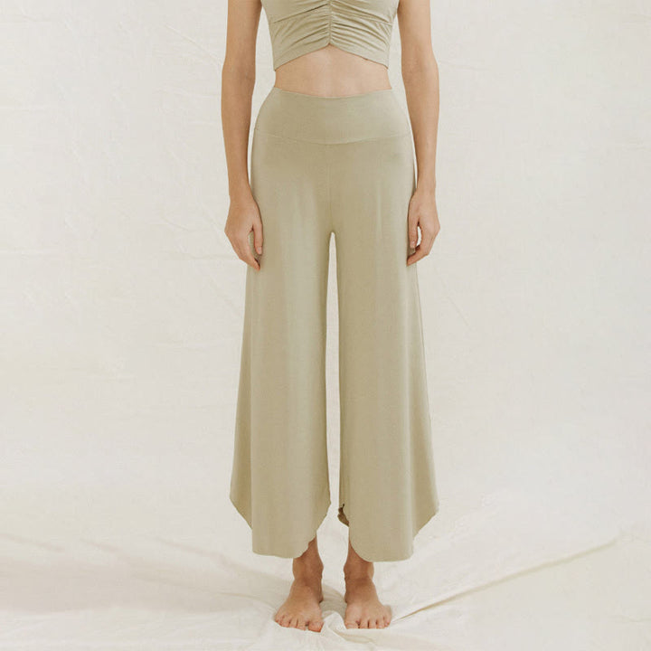 Buddha Stones Casual Plain Loose Irregular Geometric Hem Women's Leica Wide Leg Pants - DarkSeaGreen - US4，UK/AU8，EU36 (L) - image 12