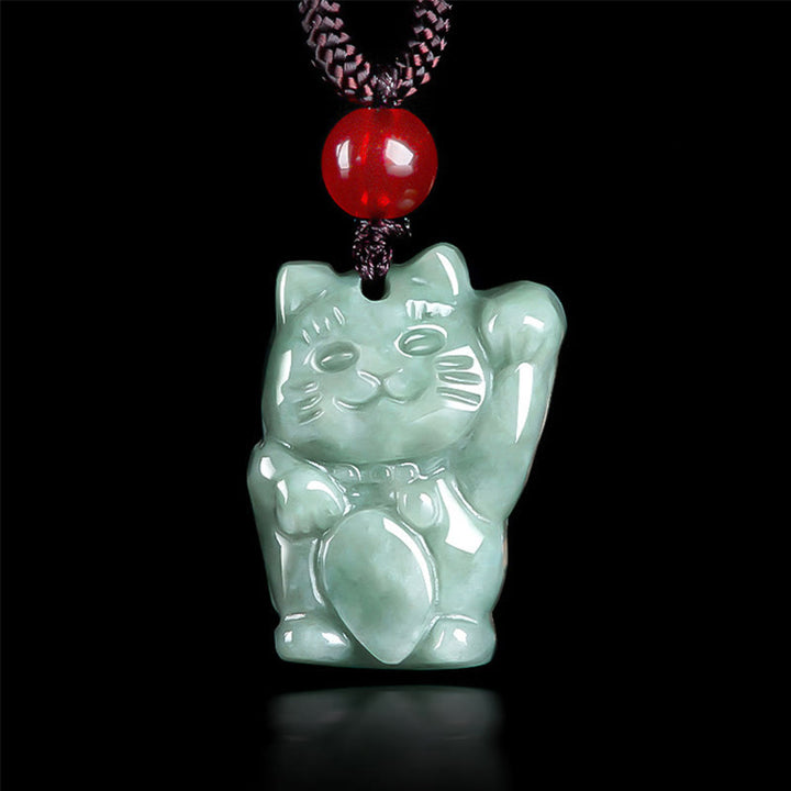 Buddha Stones Lucky Cat Jade Abundance Necklace Pendant