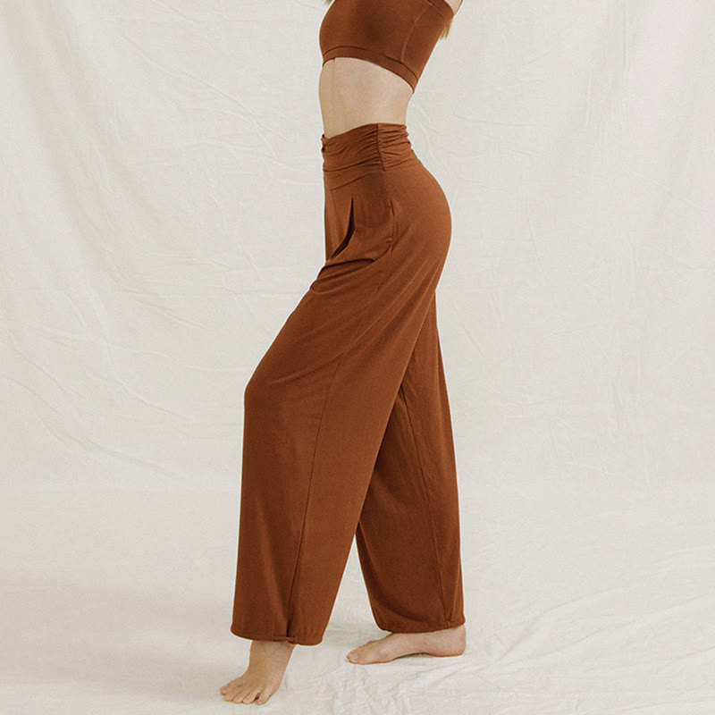 Buddha Stones Casual Plain High Waist Loose Fit Women's Leica Wide Leg Pants