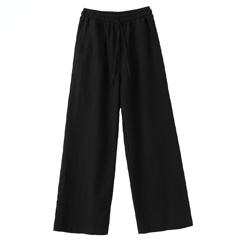 Buddha Stones Casual Plain Loose Straight Leg Women's Ramie Cotton Wide Leg Pants With Pockets