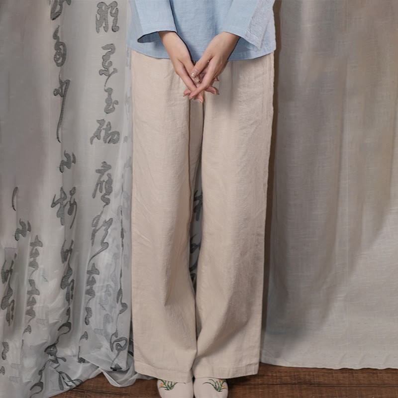 Buddha Stones Casual Plain Loose Straight Leg Women's Ramie Cotton Wide Leg Pants With Pockets - Wheat - US6，UK/AU10，EU38 (L) - image 22