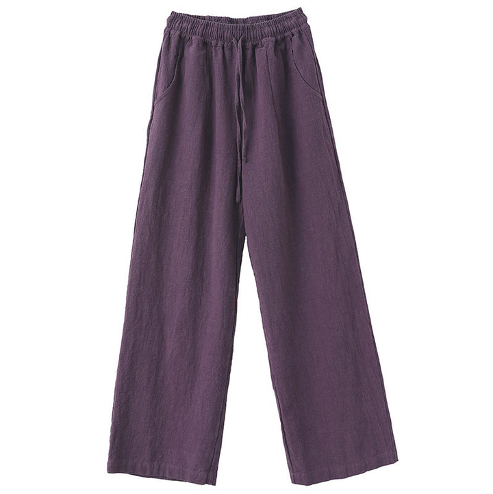 Buddha Stones Casual Plain Loose Straight Leg Women's Ramie Cotton Wide Leg Pants With Pockets