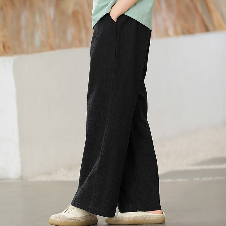 Buddha Stones Casual Plain Loose Straight Leg Women's Ramie Cotton Wide Leg Pants With Pockets