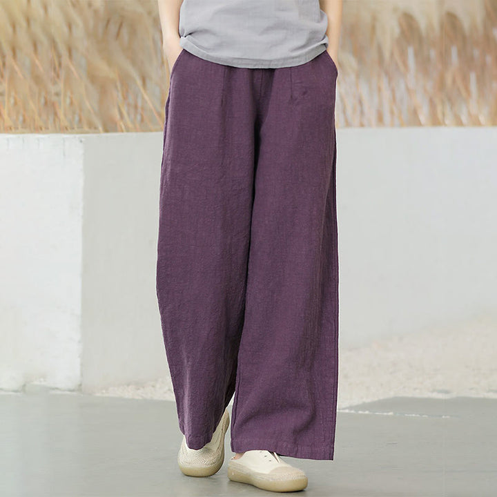 Buddha Stones Casual Plain Loose Straight Leg Women's Ramie Cotton Wide Leg Pants With Pockets - DarkMagenta - US6，UK/AU10，EU38 (L) - image 0