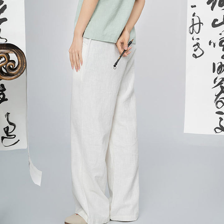 Buddha Stones Casual Plain Loose Straight Leg Women's Ramie Cotton Wide Leg Pants With Pockets - image 15