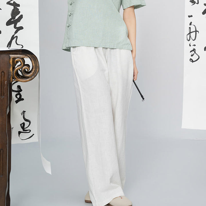 Buddha Stones Casual Plain Loose Straight Leg Women's Ramie Cotton Wide Leg Pants With Pockets - image 13