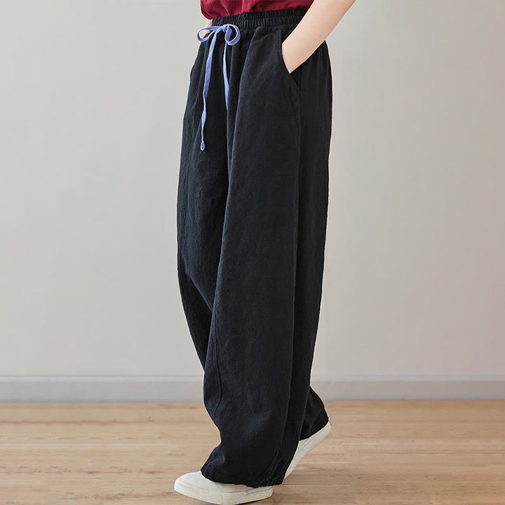 Buddha Stones Casual Plain Loose Rope Women's Cotton Linen Pants With Pockets