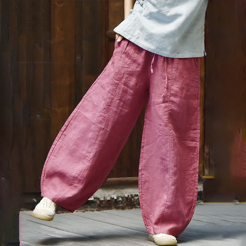 Buddha Stones Casual Plain Loose Rope Women's Cotton Linen Pants With Pockets