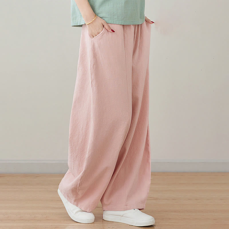 Buddha Stones Casual Plain Loose Rope Women's Cotton Linen Pants With Pockets