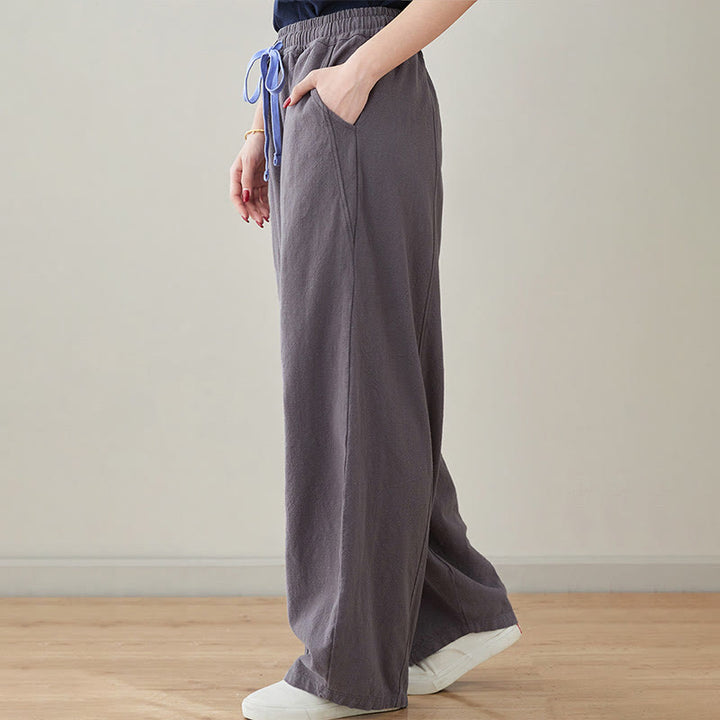 Buddha Stones Casual Plain Loose Rope Women's Cotton Linen Pants With Pockets