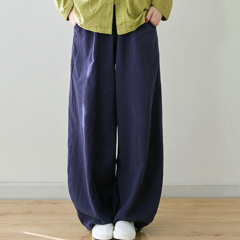 Buddha Stones Casual Plain Loose Rope Women's Cotton Linen Pants With Pockets