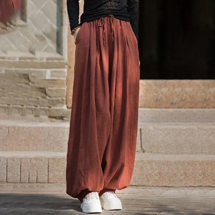 Buddha Stones Casual Plain Loose Waist Tie Rope Women's Ramie Cotton Pants With Pockets