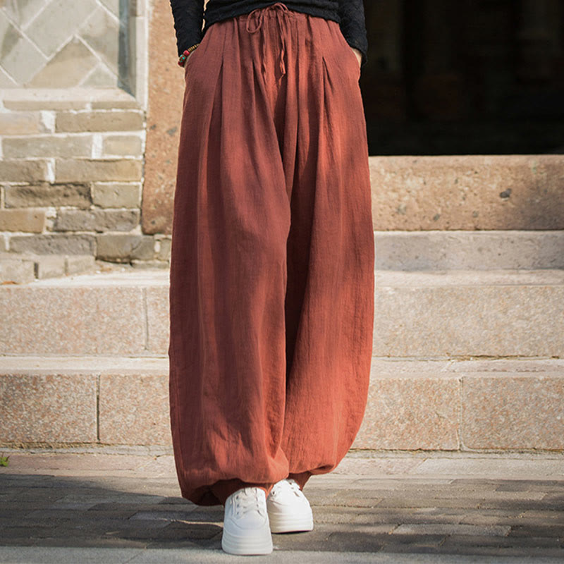 Buddha Stones Casual Plain Loose Waist Tie Rope Women's Ramie Cotton Pants With Pockets - image 6