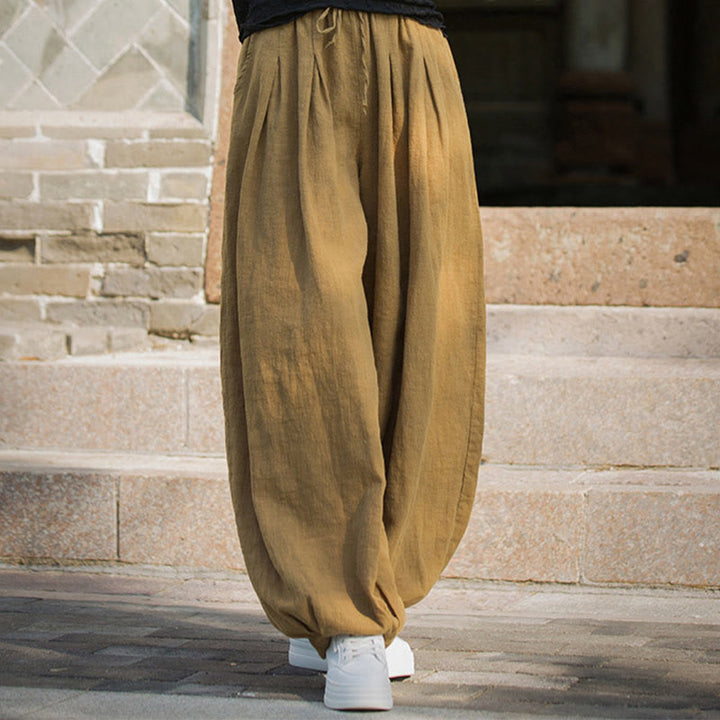 Buddha Stones Casual Plain Loose Waist Tie Rope Women's Ramie Cotton Pants With Pockets