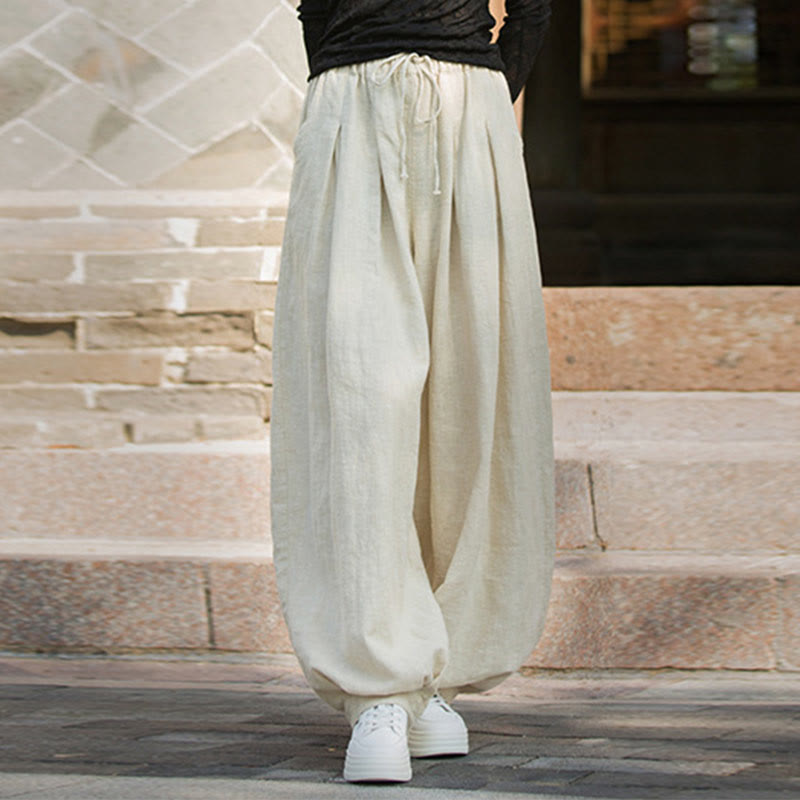 Buddha Stones Casual Plain Loose Waist Tie Rope Women's Ramie Cotton Pants With Pockets