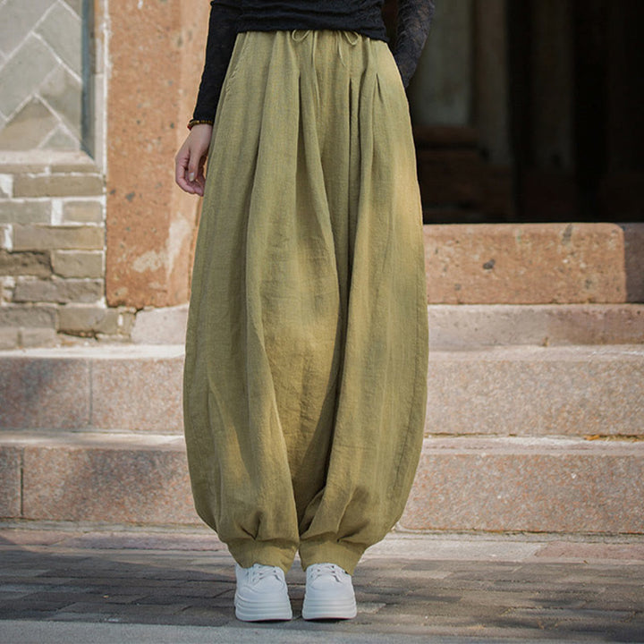 Buddha Stones Casual Plain Loose Waist Tie Rope Women's Ramie Cotton Pants With Pockets