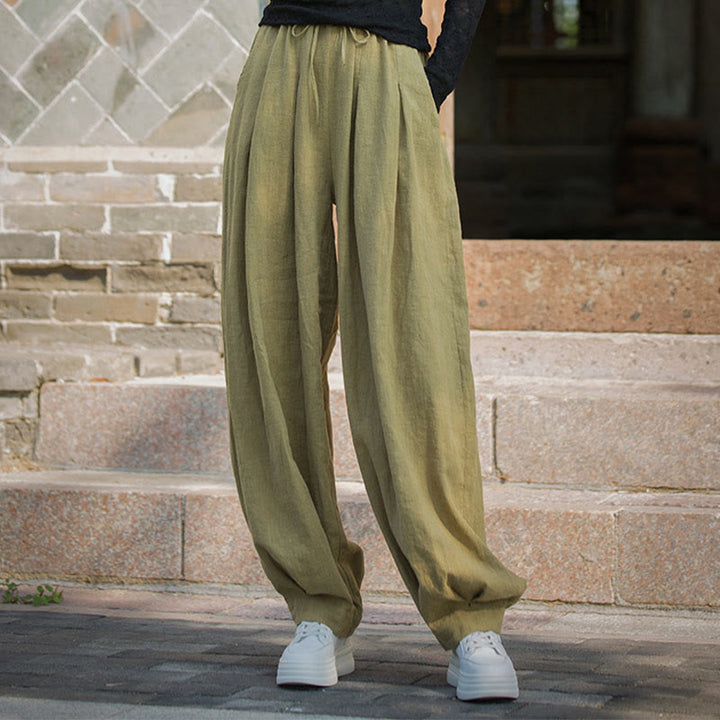 Buddha Stones Casual Plain Loose Waist Tie Rope Women's Ramie Cotton Pants With Pockets - image 31