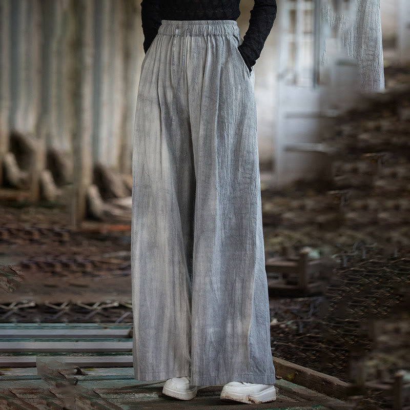 Buddha Stones Casual Plain Loose Handmade Tie-Dye Women's Ramie Cotton Wide Leg Pants With Pockets