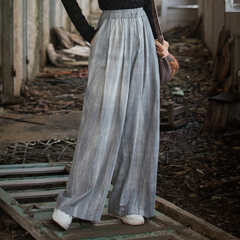 Buddha Stones Casual Plain Loose Handmade Tie-Dye Women's Ramie Cotton Wide Leg Pants With Pockets - DarkGray - US4-6，UK/AU8-10，EU36-38 (F) - image 0